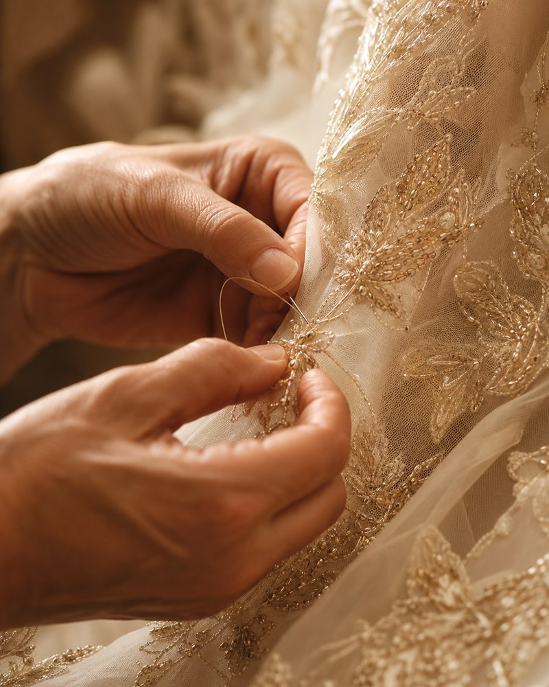 Artisan hand-finishing champagne beadwork on a couture gown
